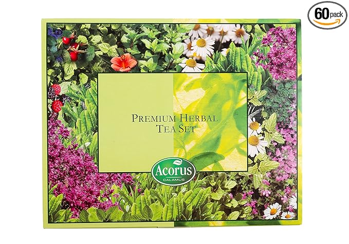 ACORUS Premium Tea Set - Natural Herbal Tea Variety Pack, Gift Set of 6 Different Teas, 60 Bags Individually Wrapped, Herbal Sampler Box