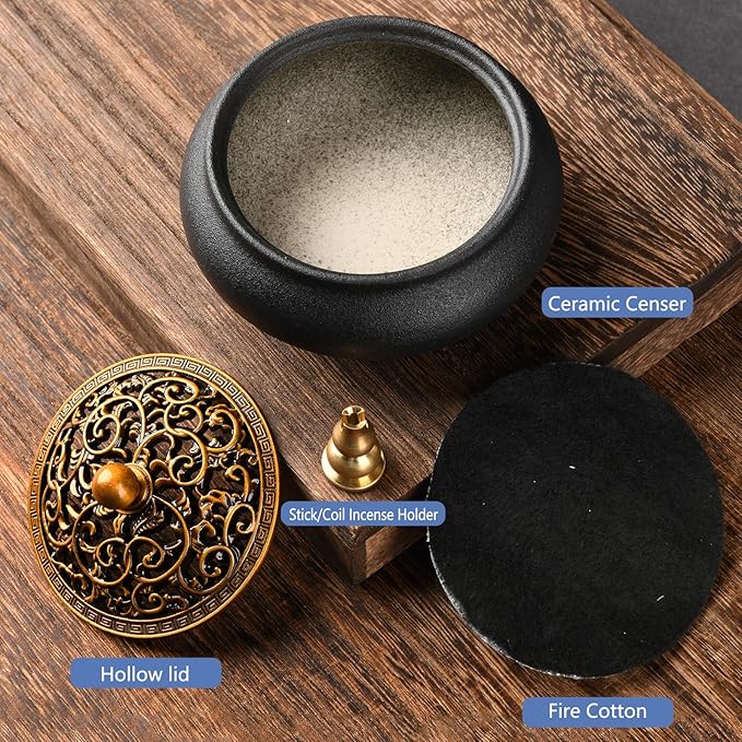 Ceramic Incense Burner with Incense Stick Holder,Use for Stick/Coil Incense,Sage, Mosquito Incense and Charcoal,Handmade for Cleansing House Negative Energy & Other Smudging Rituals (Black)