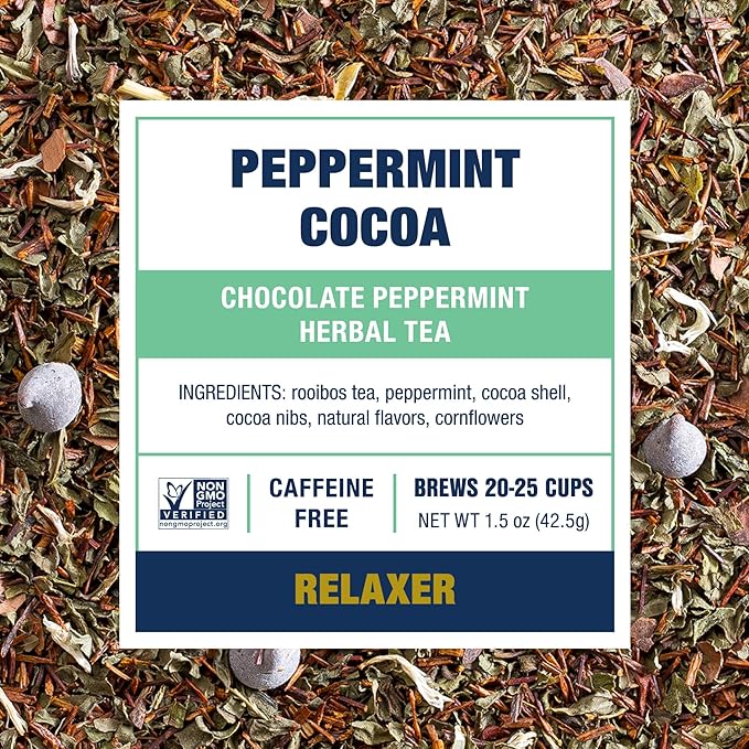 Tiesta Tea Cozy Peppermint Cocoa, Premium Loose Leaf Blends, Chocolate Peppermint Herbal Tea, Caffeine-Free, Holiday Blend, Holiday Edition, Hot or Iced Brew, Up to 25 Cups, 1.5oz Resealable Pouch
