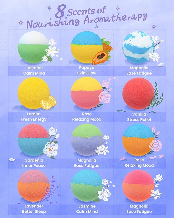 Hemp Oil Bath Bombs Gift Set, 24 Pack Natural Bubble Bath Spa Kit with Pure Essential Oils, Refreshing & Relaxing Bath Gift for Birthday, Mother’s Day & Valentine’s Day