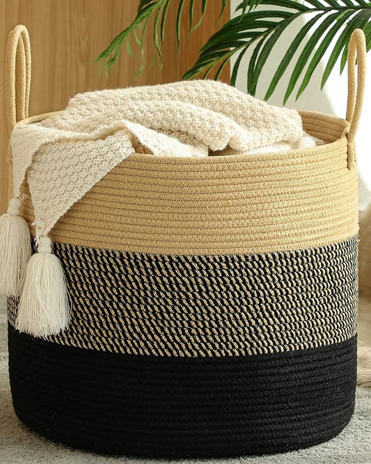 KAKAMAY Large Blanket Basket (18"x18"x16"),Woven Baby Laundry Hamper for Storage, Cotton Rope Blankets Baskets for Nursery, Laundry, Living Room, Pillows, Baby Toy Chest with Handles (Black)