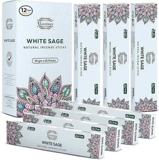 Raajsee White Sage Incense Sticks (180 gm), 100% Pure Organic Natural Hand Rolled Free from Chemicals - Perfect for Aromatherapy, Cleansing, Meditation, and Church (Pack of 12)