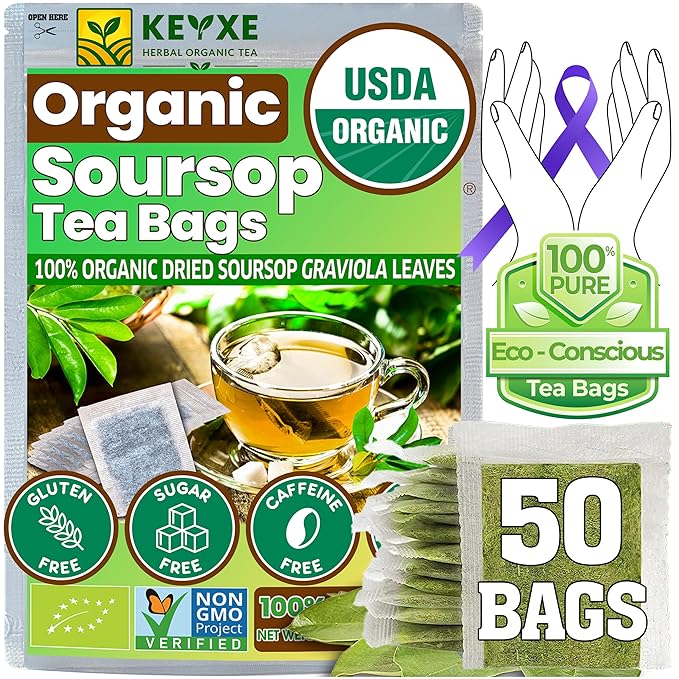 KEYXE - USDA Organic Soursop Graviola Leaves Tea 50 Bags. Non-GMO Verified , 100% Organic Soursop Leaves for Digestion, Boosting Immune, Improving Sleep & Skin Health, Gluten Free, Caffein Free , Hojas De Guanabana Tea Organica, Eco-Conscious Tea Bags