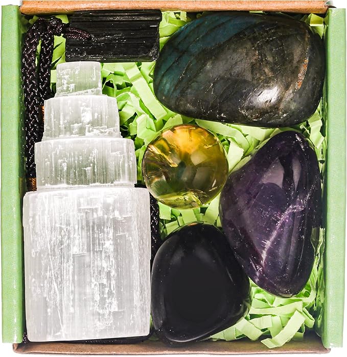 QianCannaor Protection Crystals and Healing Stones, Black Tourmaline Necklace, Selenite Tower,Smokey Quartz Sphere,Black Obsidian Healing Crystals Set for Meditation Accessories,Witchcraft Supplies