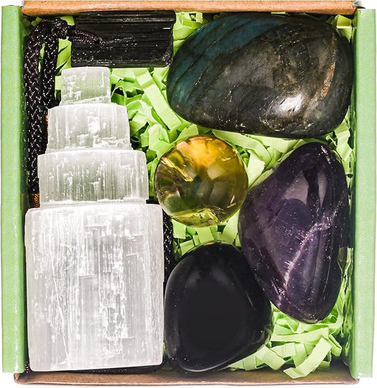 QianCannaor Protection Crystals and Healing Stones, Black Tourmaline Necklace, Selenite Tower,Smokey Quartz Sphere,Black Obsidian Healing Crystals Set for Meditation Accessories,Witchcraft Supplies