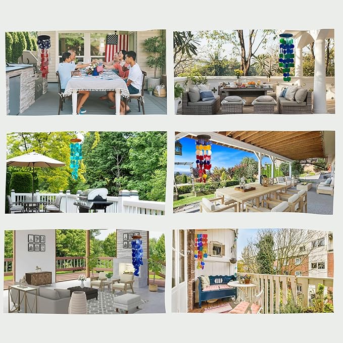 Bellaa 22890 Wind Chimes Outside, Garden Decorations, Musical, Chime, Outdoor Windchimes, Rainbow, Beach, Ocean, Breeze, Gifts for Mom, Gift for All Occasions, Capiz Sea Glass Shells Wood