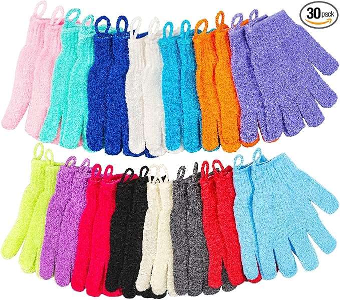 30 Pcs Exfoliating Gloves for Shower, 15 Colors Body Exfoliator Glove with Hanging Loop, Scrub Exfoliate Glove Mitt Bath Face Spa Hand Scrubber Wash Deep Scrubbing Dead Skin for Women Men, by Aisuly