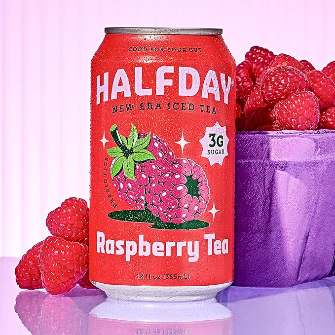 HALFDAY Prebiotic Raspberry Iced Tea Cans, Supports Digestive & Gut Health, 6g Plant Fiber & Prebiotics, Low Sugar, 35 Calories, Real Brewed Tea, Natural Caffeine, Gluten Free, 12 fl oz (12 pack) Packaging May Vary