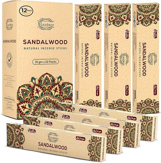 Raajsee Sandalwood Incense Sticks (180 gm), 100% Pure Organic Natural Hand Rolled Free from Chemicals - Sandalwood Incense Perfect for Aromatherapy, Cleansing, Meditation, and Church (Pack of 12)