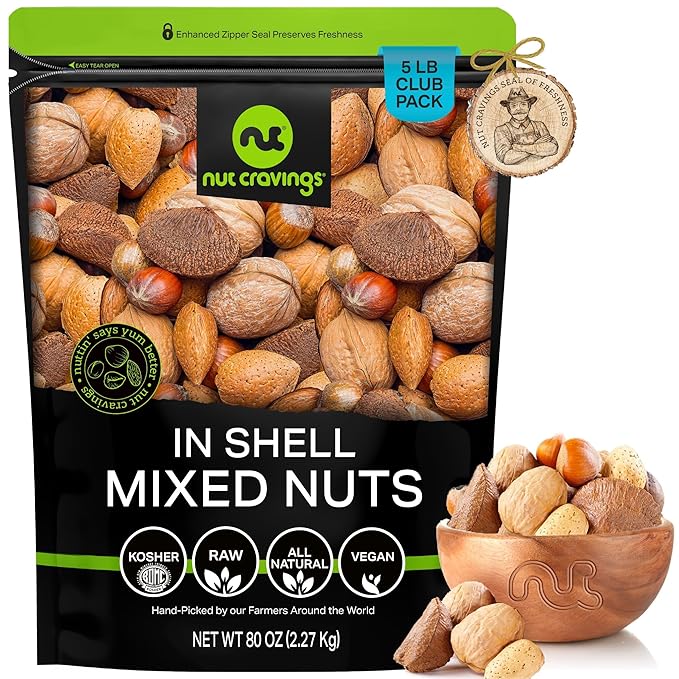 NUT CRAVINGS - Mixed Nuts (In Shell) Brazil, Walnuts, Filberts, Almonds, Pecans (80oz - 5 LB) Packed Fresh in Resealable Bag - Healthy Snack, Food Assortments