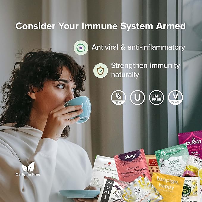 Sippingly Immune Support Tea Collection - 40 Tea Bags, 10 Immune-Supporting Flavors - Featuring Echinacea, Elderberry, Astragalus & Turmeric - All-Natural, Kosher, Gluten-Free - Ideal for Immune Health and Wellness Gifts