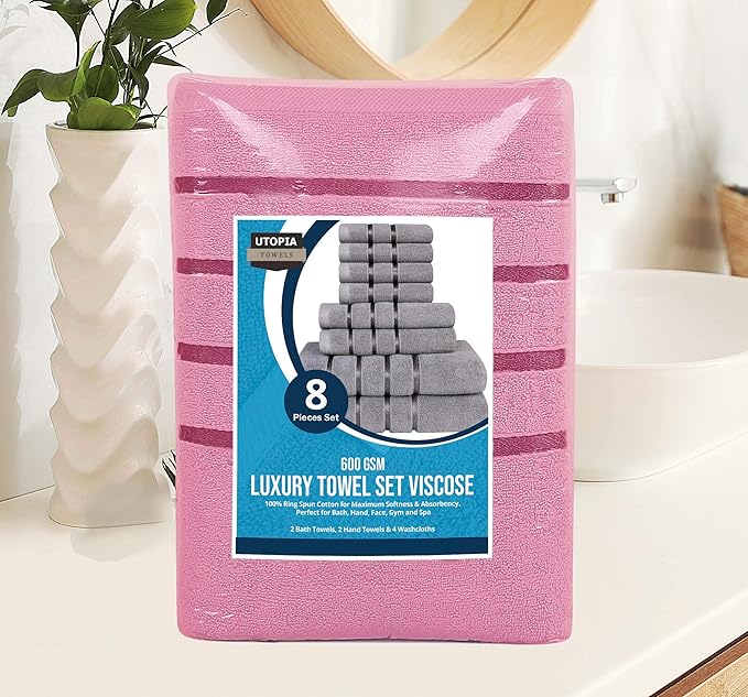 Utopia Towels 8 Piece Luxury Towel Set, 2 Bath, 2 Hand, and 4 Wash Cloths, 600 GSM Ring Spun Cotton, Highly Absorbent Viscose Stripe Towels, Ideal for Everyday use, Pink