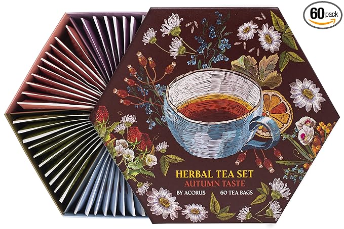 ACORUS Autumn Taste Tea Set, Natural Herbal Tea Variety Pack, Assorted Tea Box, Tea Gift Set of 6 Different Teas, Herbal Tea Sampler of 60 Tea Bags Individually Wrapped, Discover Rich Autumn Teas