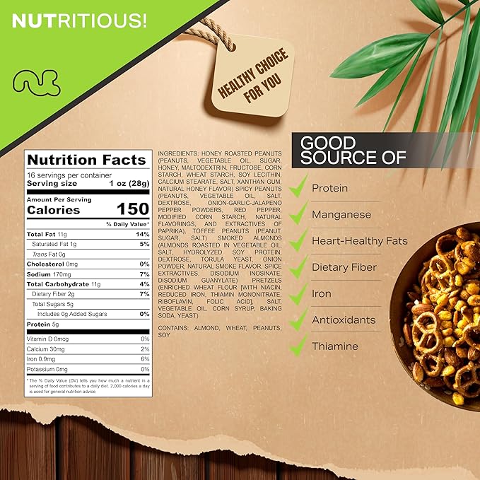 NUT CRAVINGS - Party Bar Nut Mix, Sweet & Savory Pub Snack - Smoked Almonds, Pretzels, Toffee Peanuts, Spicy, Honey Roasted Peanut (16oz - 1 LB) Packed Fresh in Resealable Bag - Food Assortments