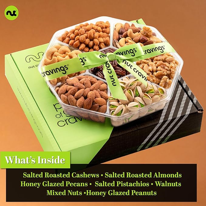 NUT CRAVINGS - Diwali Sweets Hamper Mixed Nuts Gift Basket + Green Ribbon (7 Assortments, 2.2 LB) Food Arrangement, Healthy Snack Care Package, Food Assortments