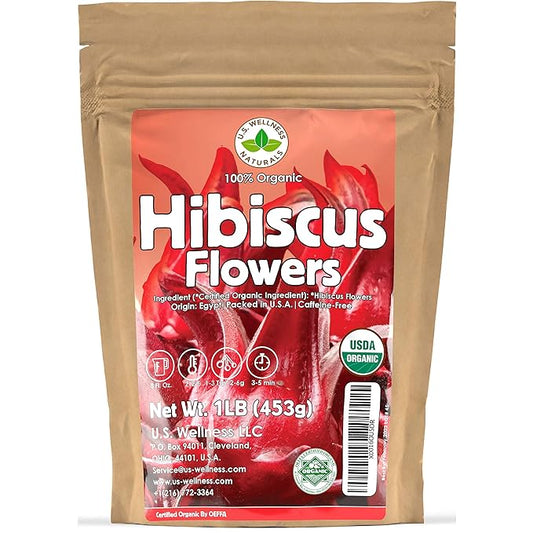 Hibiscus Tea 1LB (16Oz) 100% CERTIFIED Organic Hibiscus Flowers Herbal Tea (WHOLE PETALS), Caffeine Free in 1 lbs. Bulk Resealable BPA-free Bags from U.S. Wellness