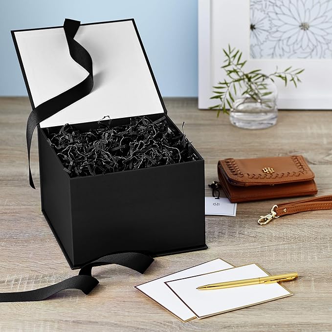 Hallmark Medium Gift Box with Lid and Shredded Paper Fill (Black 7 inch Box) for Weddings, Graduations, Birthdays, Father's Day, Groomsmen Gifts, All Occasion (Pack of 12)