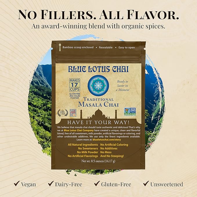 Blue Lotus Chai - Traditional Masala Chai - Makes 17 Cups - 0.5 oz Pouch Masala Spiced Chai Powder with Organic Spices - Instant Indian Tea No Steeping - No Gluten