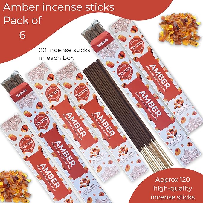 Amber Incense Sticks - Total 120 Insence-Sticks - 6 Packs of 20 Insense - Inciensos - Inscents - Natural Non Toxic Ingredients - Incents - Incence - Inscense - Insents