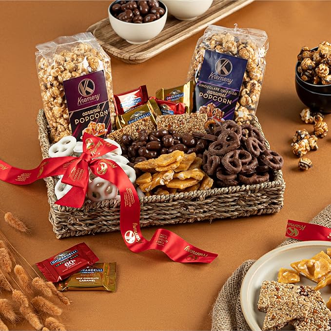 KREMERY Creamy Chocolate Cravings - Diwali Sweets Hamper Chocolate Covered Pretzels & Caramel Popcorn Gift Basket, in Seagrass Tray + Ribbon (Premium, 2.5 lbs) Food Arrangement