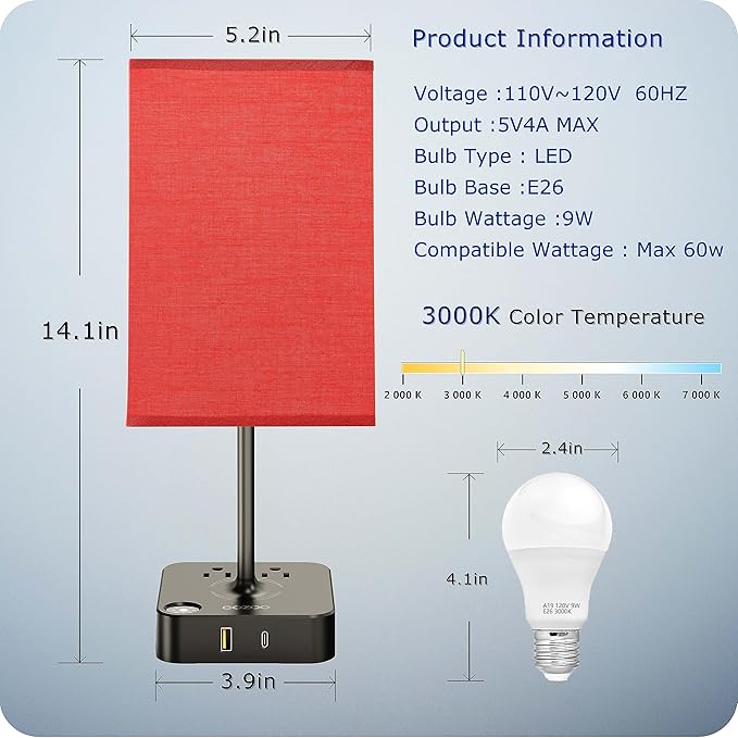 cozoo USB Bedside Table Desk Lamp with 2 USB Charging Ports and 2 Outlets Power Strip,Dimmable Table Lamp with Red Fabric Shade, LED Light for Bedroom/Nightstand