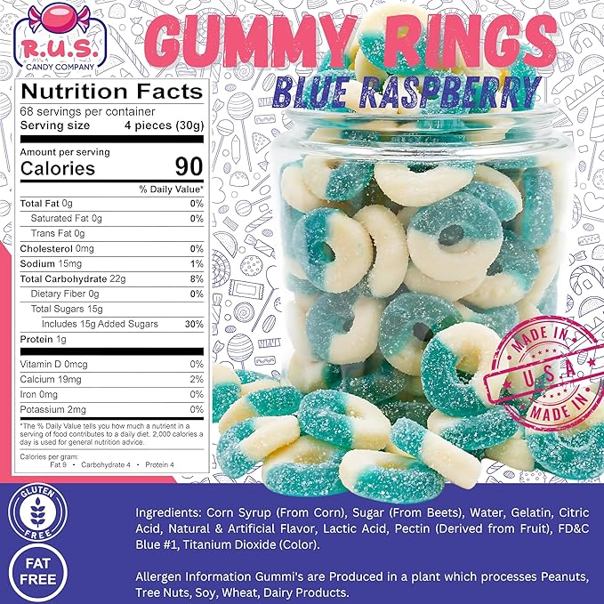 Blue Raspberry Ring Gummies 4.5 lbs Bulk Bag – Fruity Gummy Candy – Fresh, Soft & Chewy – Party, Snack, Candy Buffet – by RUS Candy Company (Blue Raspberry)