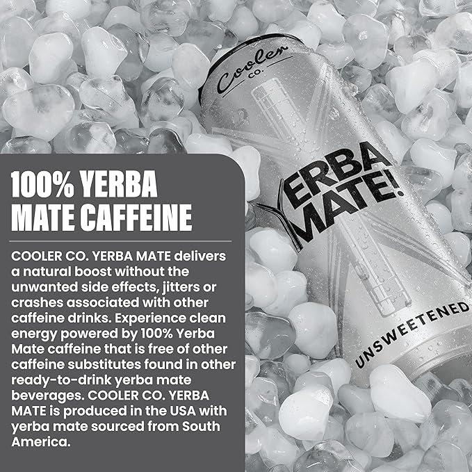 COOLER CO. | YERBA MATE | 12 Pack | 100% Organic Yerba Mate Caffeine | 150 mg Caffeine | 3 Organic Ingredients | Natural Ingredients | No Artificial Colors or Stimulants | Unsweet Flavor