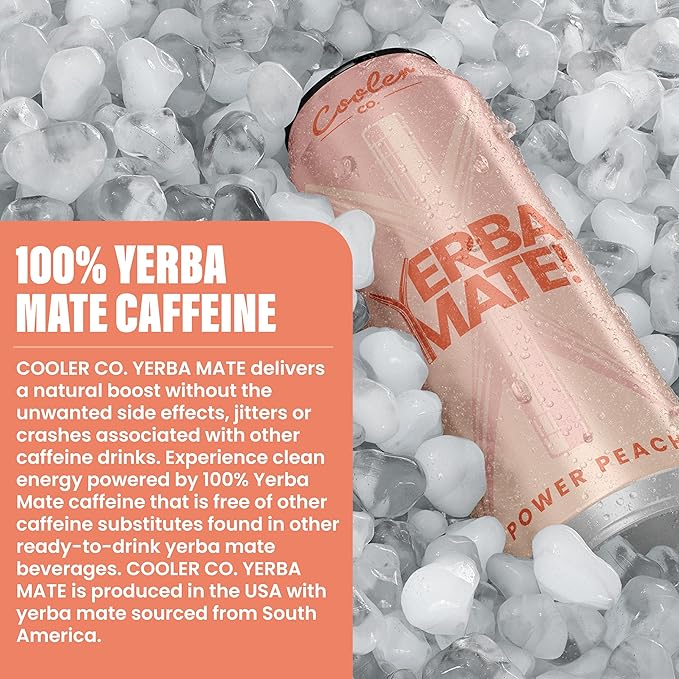 COOLER CO. | YERBA MATE | 12 Pack | 100% Organic Yerba Mate Caffeine | 150 mg Caffeine | 3 Organic Ingredients | Natural Ingredients | No Artificial Colors or Stimulants | Power Peach Flavor