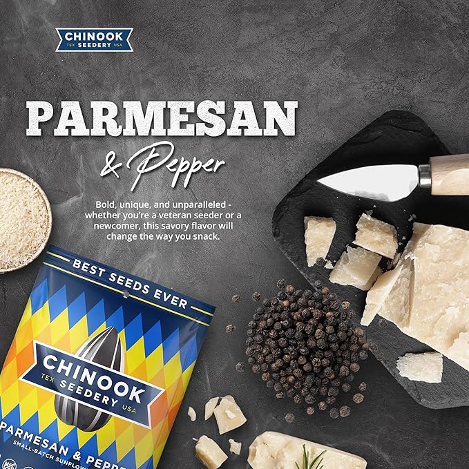 Chinook Seedery Roasted Sunflower Seeds - Jumbo Seeds Keto Snacks - Best For Snack Packs - Gluten Free, Non GMO Snack Food Gifts - 4 Ounce (Pack of 3) - Parmesan & Pepper Flavor Pack