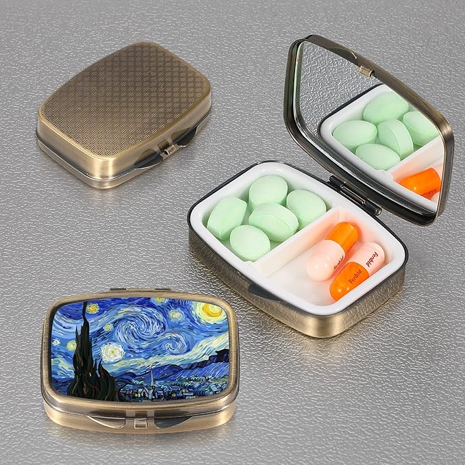 Dynippy Pill Case Pill Box with Mirror Retro Pocket 2 Compartment Medicine Case Vitamin Pill Organizer for Pocket Purse and Travel (A-Van Gogh The Starry Night)