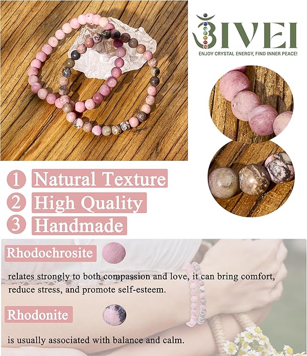 Bivei Natural Gemstone Semi Precious Healing Crystals Handmade Stretchy Round Beads Bracelet, Enhance Positive Energy