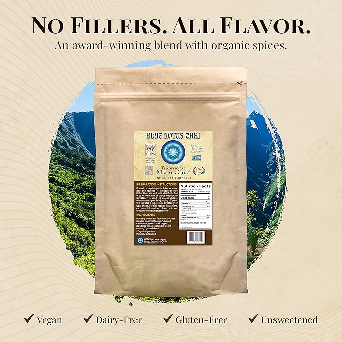 Blue Lotus Chai - Traditional Masala Chai - Makes 530 Cups - 1 Pound Bulk Bag Masala Spiced Chai Powder with Organic Spices - Instant Indian Tea No Steeping - No Gluten