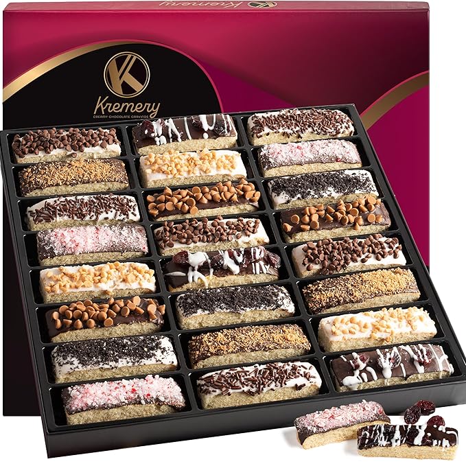 KREMERY Creamy Chocolate Cravings - Diwali Sweets Hamper Chocolate Covered Biscotti Cookies Gift Basket, in Elegant Gift Box (24 Biscotties, Assorted Sweet Toppings)