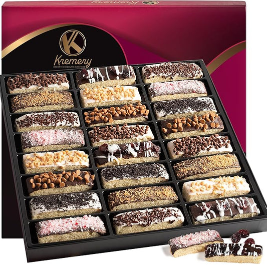 KREMERY Creamy Chocolate Cravings - Diwali Sweets Hamper Chocolate Covered Biscotti Cookies Gift Basket, in Elegant Gift Box (24 Biscotties, Assorted Sweet Toppings)