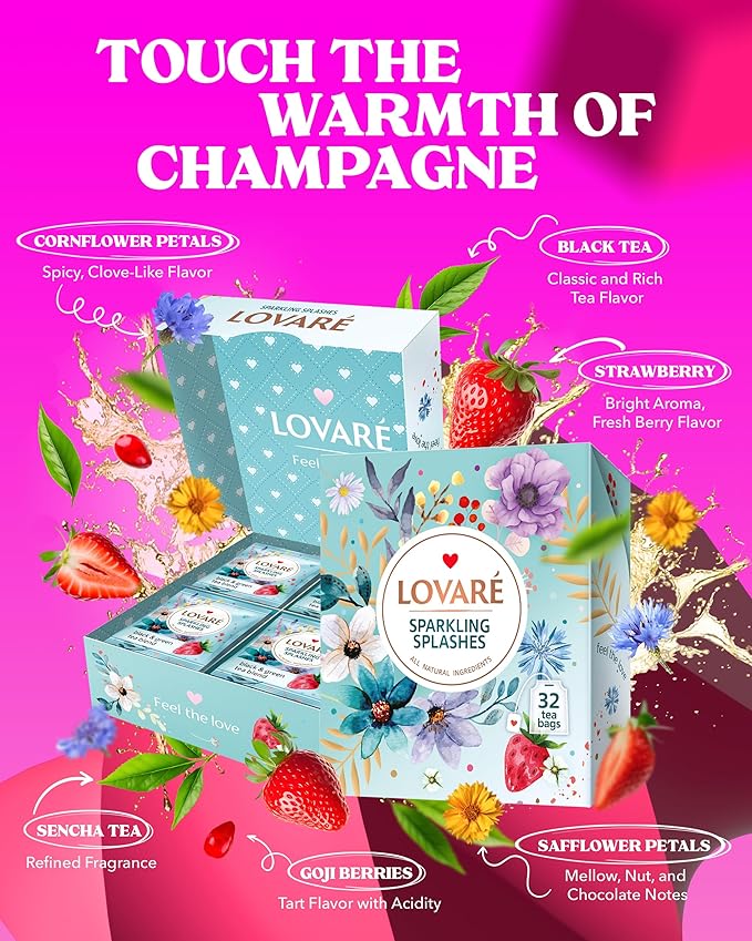 LOVARE Sparkling Splashes Tea Bags 64 g - Made in Ukraine - Classic Black and Sencha Green Flavored Tea Blend - Tea Bags Individually Wrapped - Gift Box Sets for Tea Lovers (32 Tea Bags x 2 g Each)