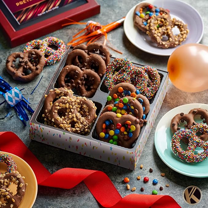 KREMERY Creamy Chocolate Cravings - Diwali Sweets Hamper Chocolate Covered Pretzel Twists Gift Basket, in Brown Gift Box (12 Pretzels, Assorted Sweet Toppings) Food Arrangement