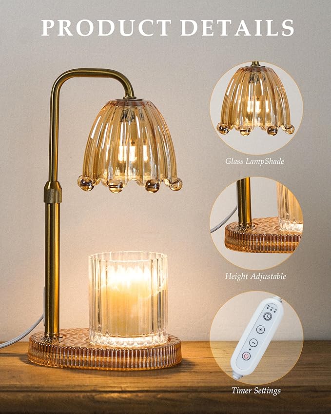 Candle Warmer Lamp with Timer, Dimmer & Adjustable Height, 20MM Crystal Base, 2 Blubs, Fit Jar Scented Candles, Safe Aromatherapy Light for Sleep, Work, Yoga, Bedroom, Office, Gift for Women