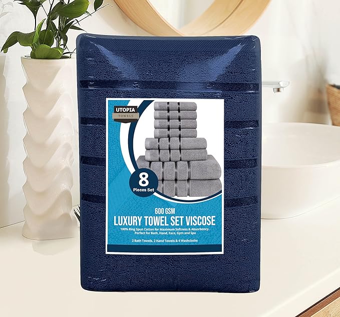 Utopia Towels 8 Piece Luxury Towel Set, 2 Bath, 2 Hand, and 4 Wash Cloths, 600 GSM Ring Spun Cotton, Highly Absorbent Viscose Stripe Towels, Ideal for Everyday use, Navy