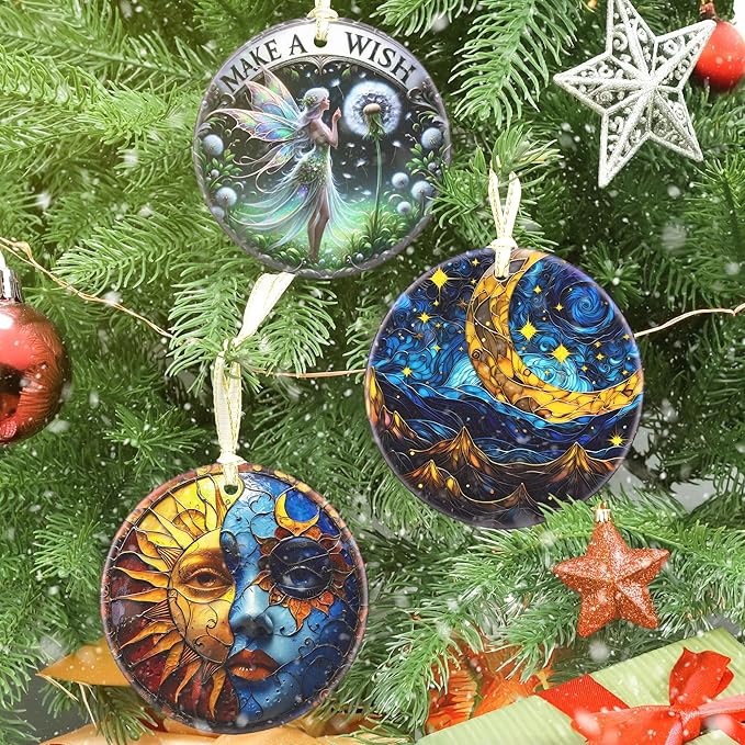 Christmas Ornament - 3.5 Inch Ceramic Hanging Decoration for Tree, Holiday Presents, Gift Exchange - Retro Moon Star