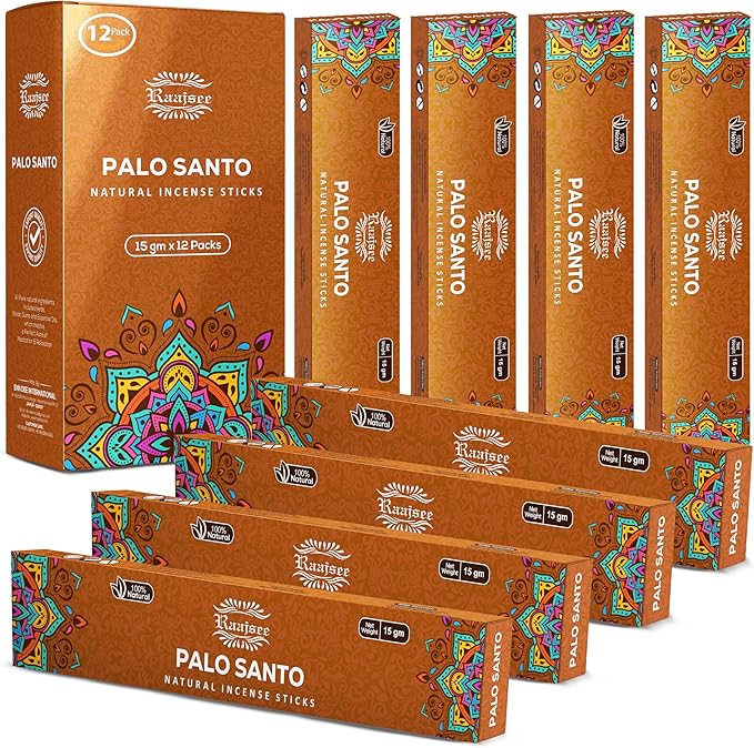 Raajsee Palo Santo Incense Sticks (180 GMS), 100% Pure Organic Natural Hand Rolled Free from Chemicals- Perfect for Aromatherapy, Cleansing, Meditation, and Church (Pack of 12)