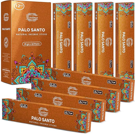 Raajsee Palo Santo Incense Sticks (180 GMS), 100% Pure Organic Natural Hand Rolled Free from Chemicals- Perfect for Aromatherapy, Cleansing, Meditation, and Church (Pack of 12)
