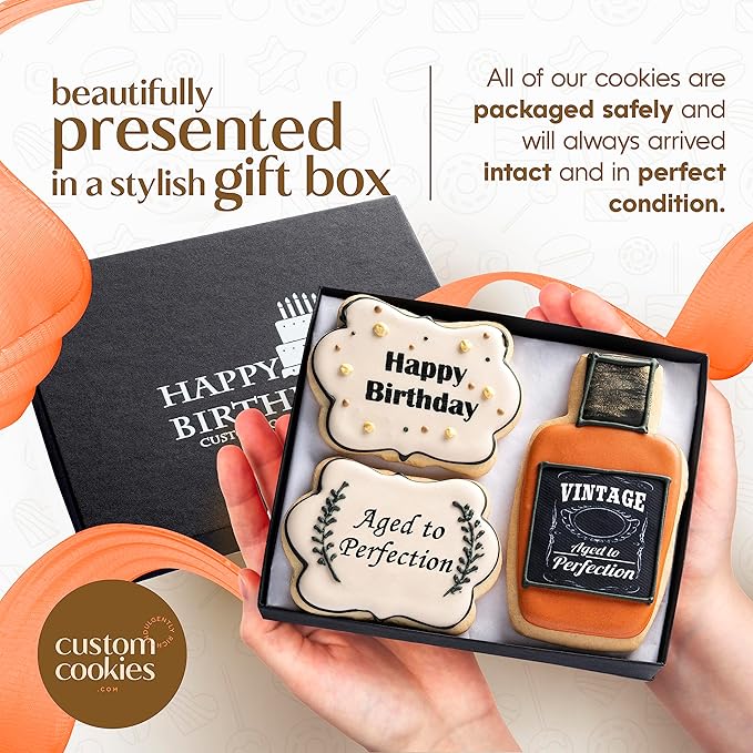 Happy Birthday Gift Basket Custom Sugar Cookies - Happy Birthday Cookies in Gift Box, Hand Decorated Kosher Treats for Men, Him, Husband - Bakery & Dessert Gifts as a Birthday Cake