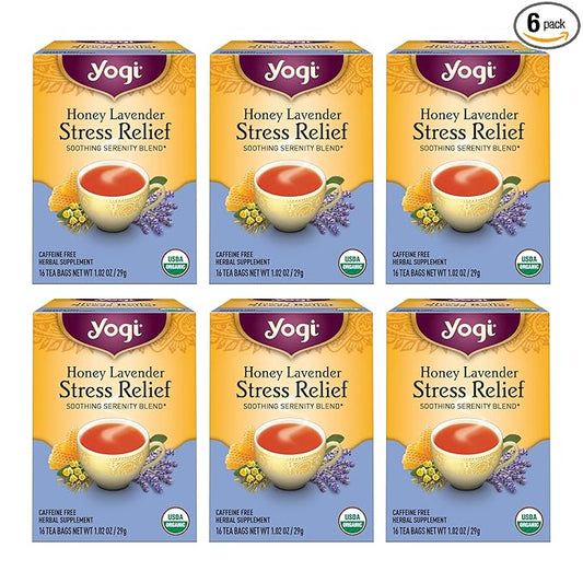 Yogi Tea Honey Lavender Stress Relief Tea - 16 Tea Bags per Pack (6 Packs) - Organic Chamomile Lavender Tea - Includes Lemon Balm, Lemongrass, Spearmint Leaf, Peppermint Leaf, Honey Flavor & More