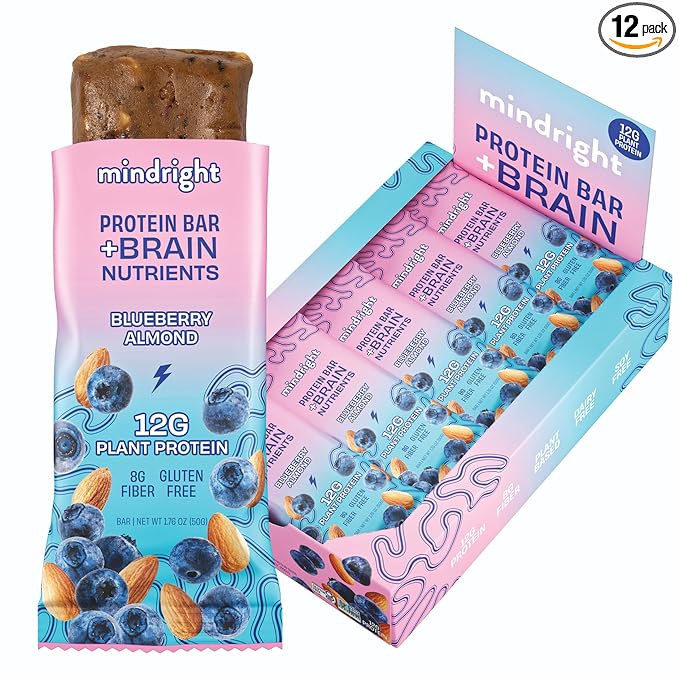 MINDRIGHT Superfood Vegan Protein Bars - Gluten Free Non-Gmo Low Sugar - Plant based protein bars - All Natural Brain Food Healthy Snack To Help Enhance Mood & Energy ((Blueberry Almond,12 Pack)