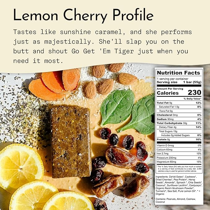 Send Bars Plant-Based Vegan Healthy Protein Bars, With Greens (Lemon Cherry, 8 Bars) – Only Real Ingredients, Zero Added Sugar, Gluten-Free, Dairy-Free