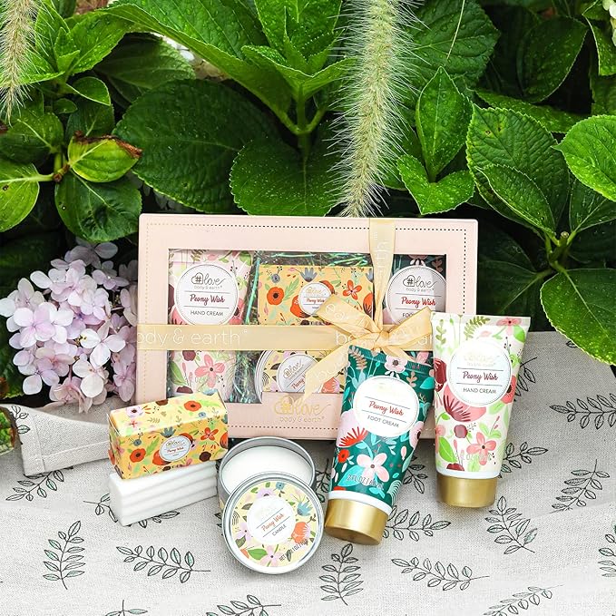 Hand Lotion Sets for Women Gift, Mothers Day Gift for Mom, Peony Wish Body Cream Gifts Set, Include Hand Cream, Foot Cream, Soap, Scented Candle, Women Body Care for All Skin Types Skin Care Gift Set