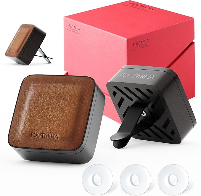 Premium Quality Car Air Freshener Leather and Metal Design Scent Vent Clip Diffuser,New Natural Fragrance Diffuser for Car with 3 Refill Scented Discs and Gift Box(Truffle Brown)