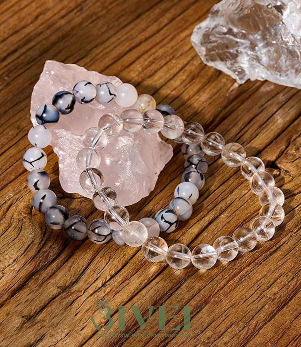 Bivei Natural Gemstone Semi Precious Healing Crystals Handmade Stretchy Round Beads Bracelet, Enhance Positive Energy