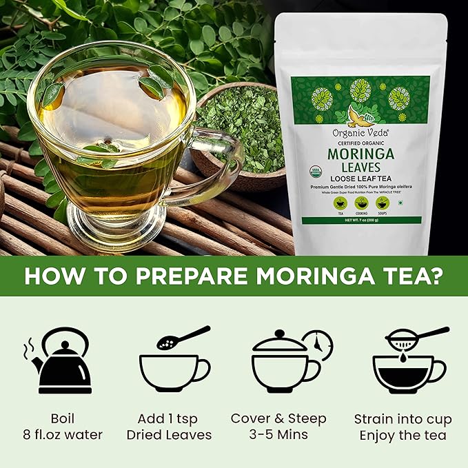 Organic Veda Moringa Tea Leaves - 100% Organic Dried Leaves - Moringa Oleifera Loose Leaf for Herbal Tea - Antioxidants Rich, Naturally Boosts Energy, Supports Digestion & Immune System - 7oz