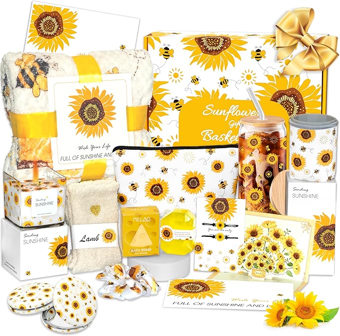 Sunflower Gift Baskets for Women, Sending Sunshine Unique Birthday Cheer Up Box Self Care Package, Get Well Soon Spa Gifts Set Box w/Blanket- Thinking of You Gift for Her, Girls, Women, Sister, Mom